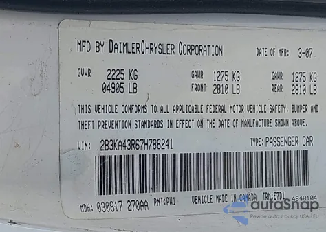 2007 Dodge Charger z USA, uszkodzony, nr VIN 2B3KA43R67H786241